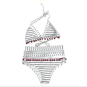 Striped White Blue High Waist Tassle Bikini Mesh